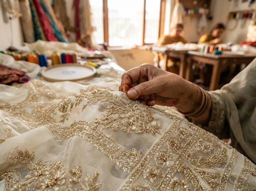 Pakistani lawn embroidery atelier craftsmanship